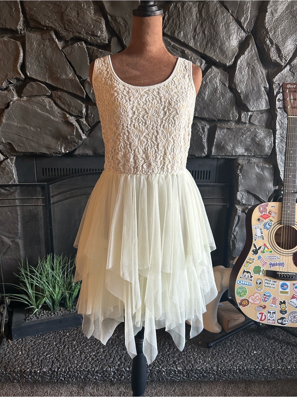 A'Reve Ivory Lace Bodice Asymmetrical Tulle Dress